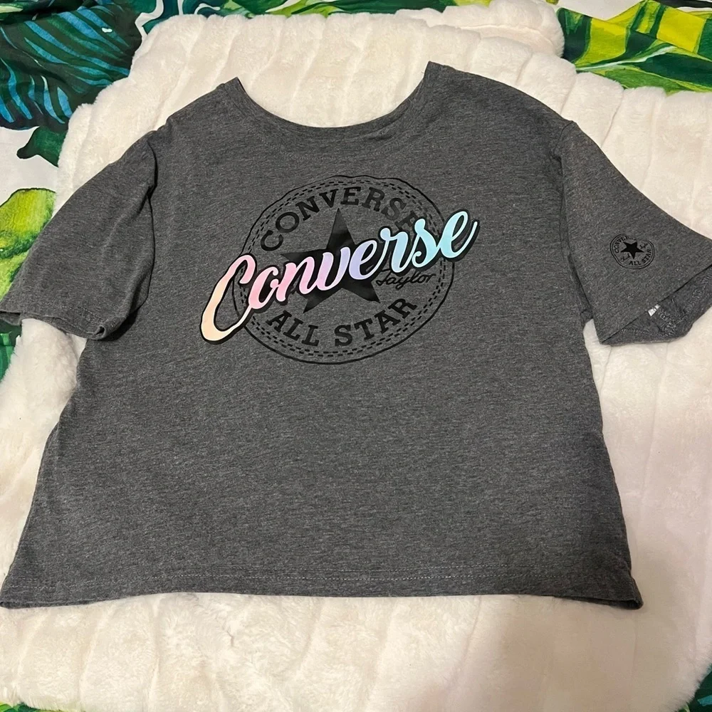 Converse Girl’s Size 16 Grey Pink Blue Logo Brand Casual Cropped Tee